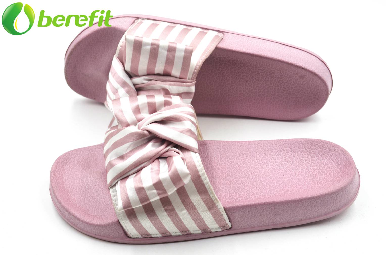 Lady Pink Stripe Satin Fabric Bow EVA Slider Sandal